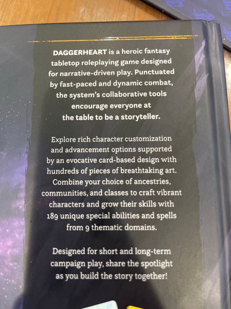 Back cover copy from daggerheart. The text is not the point so much as the fact that the second and third paragraph have serif font, which is curious.