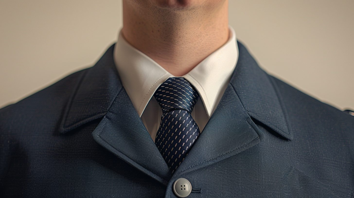 A man in a uniform or child in formalwear wearing a clip-on tie, easy-on convenience, clean and simple setup, practical and polished, neutral background with soft focus