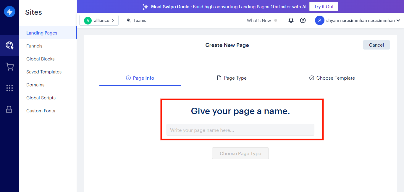 Image showing the field to enter a landing page name for PPC tracking
