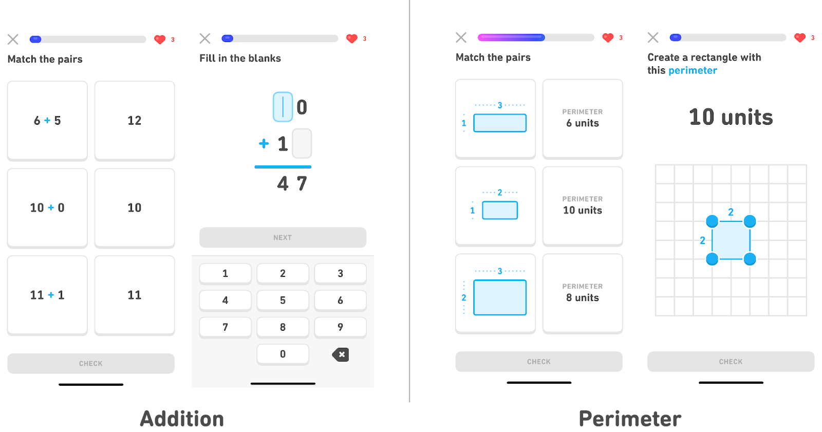 Four screens of the app, showcasing two different ways we teach addition and two different ways we teach how to calculate a perimeter.