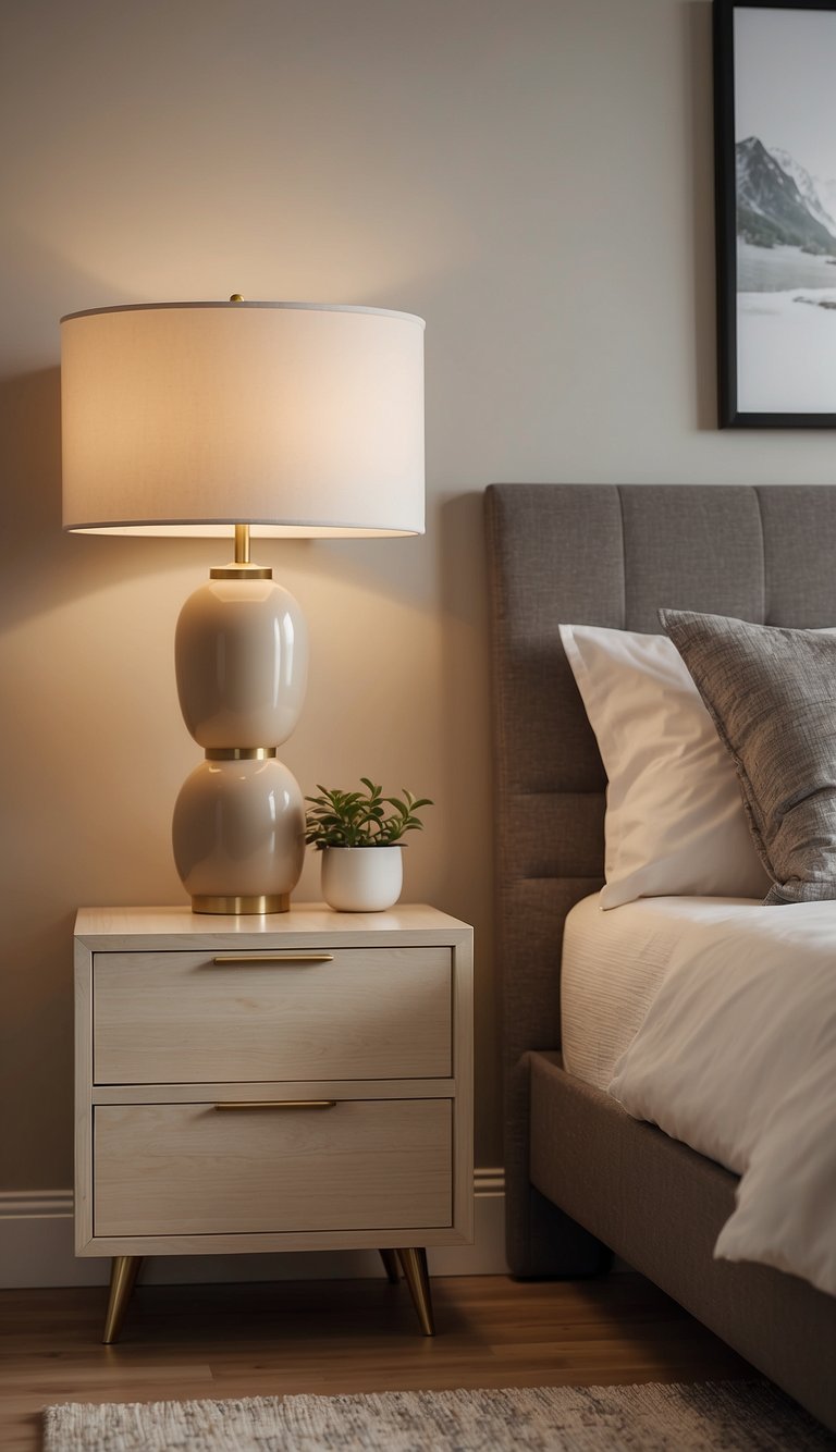 Two beige nightstands flank a bed in a neutral bedroom, with minimal decor and soft lighting