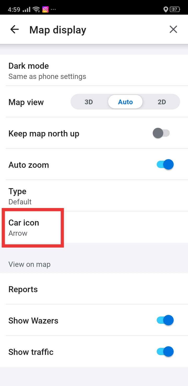 selecting car display in waze app