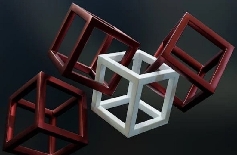 Interlocking red and white cubes.