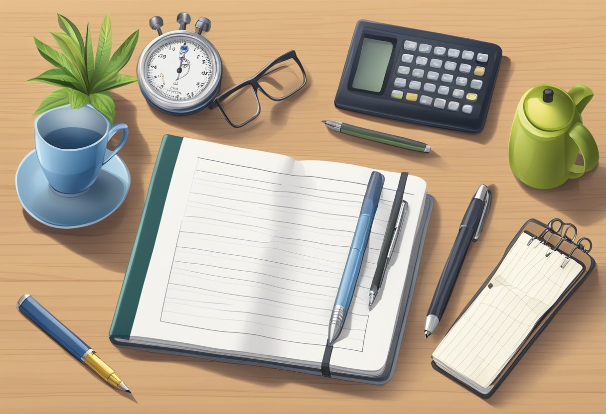 A desk with a timer set to 25 minutes, a notebook, and a pen