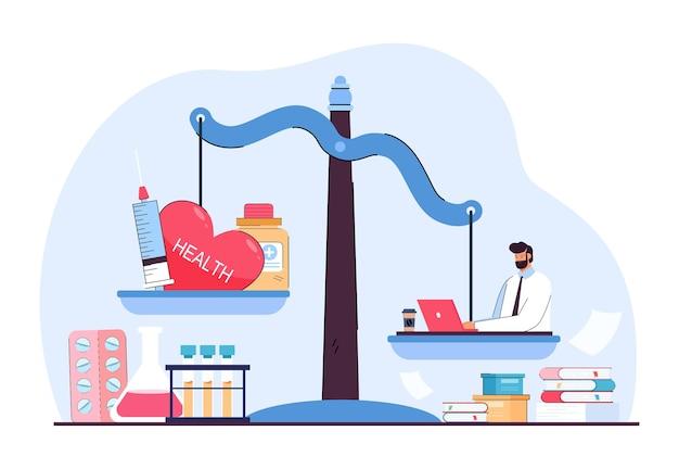 Conflict between health and work of employee on unbalanced scale. Comparison of healthy life of person and office career flat vector illustration. Responsibility for health, medical insurance concept