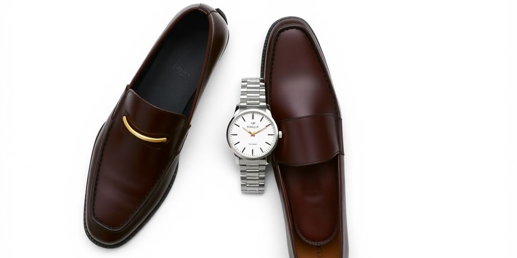 Watch and shoes in matching colors on display.