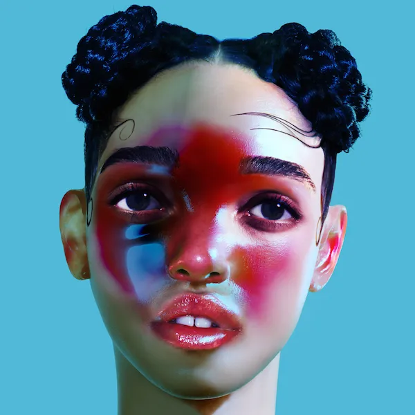 FKA Twigs' 'LP1' album cover featuring a 3D model of the artist with glossy skin, red paint across her face, and braided buns, standing against a blue background.