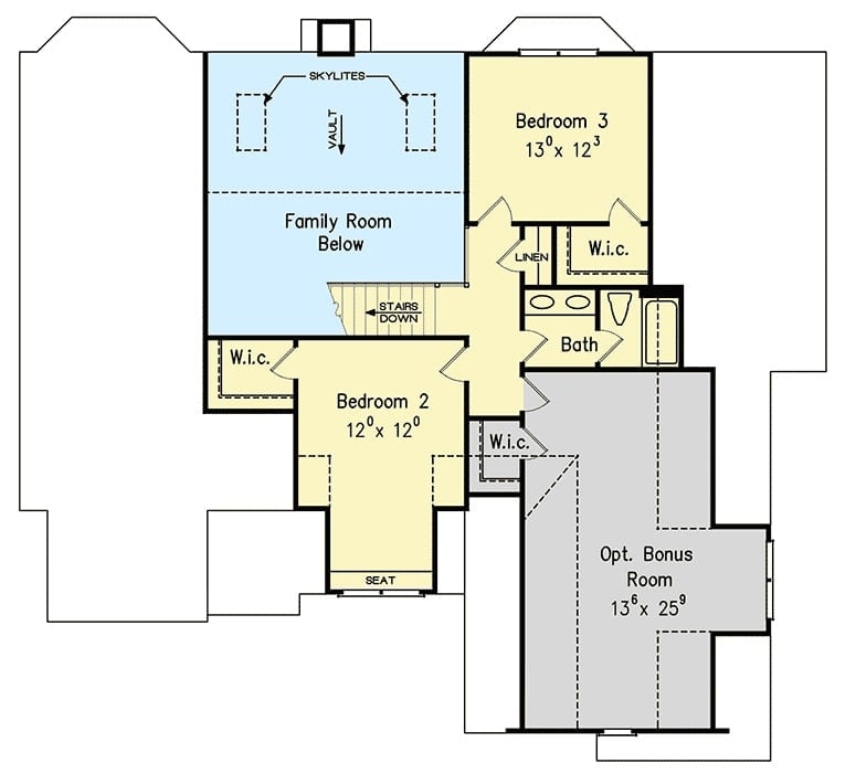 Second level floor plan with a bonus room and two bedrooms sharing a full bath.