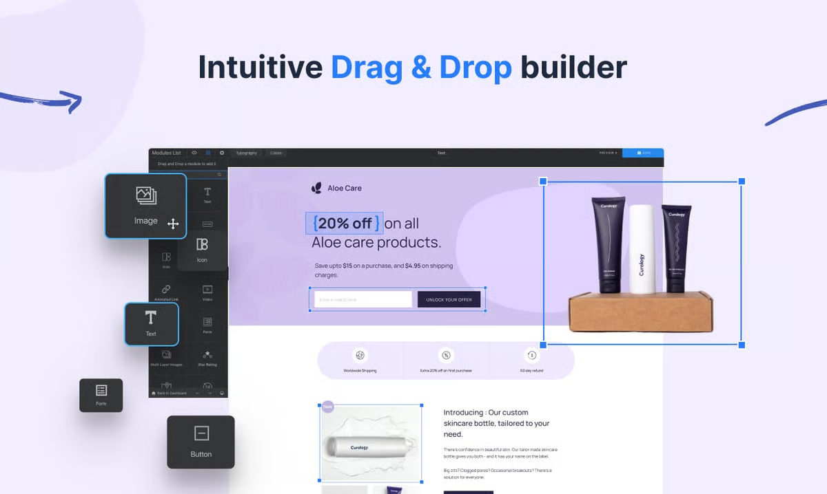 Image showing the drag-and-drop builder in a landing page layout