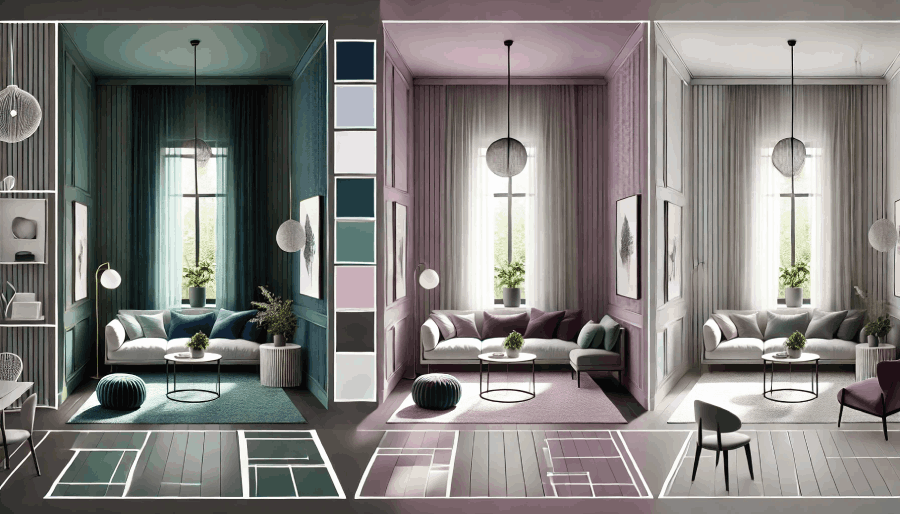 A room with different color schemes for readers to see how colors change the look of a space.