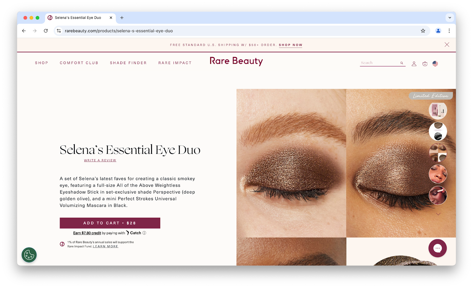 Image of Rare Beauty's shade page with its upsell feature.