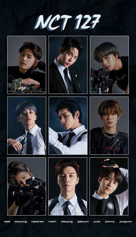 This contains an image of the poster for nct 127 shows many different men in suits and ties, with one man holding a camera