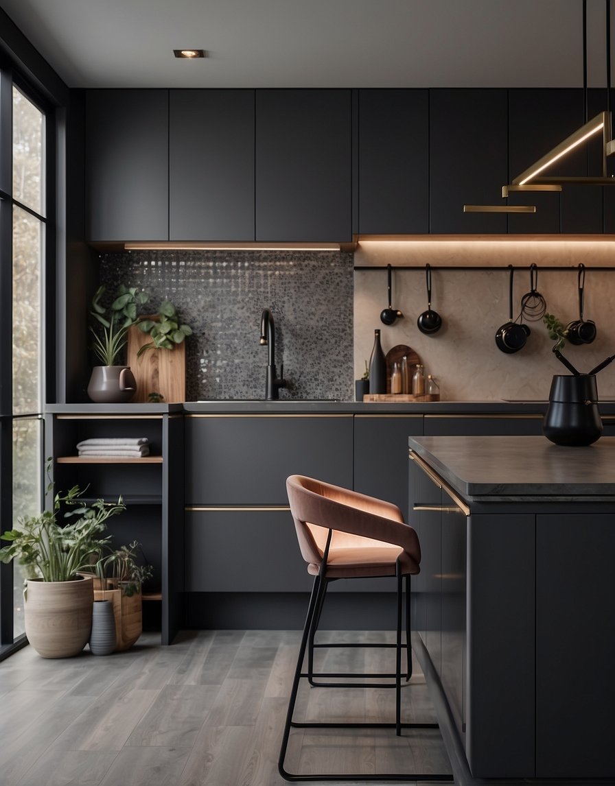 A modern kitchen with sleek dark gray cabinets, clean lines, and a touch of Mink Magic 32