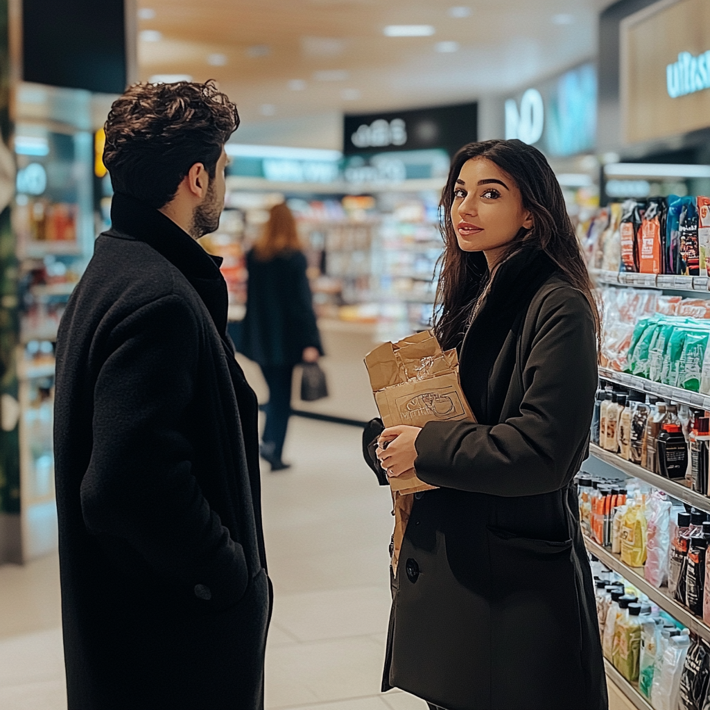 A man talking to a woman in a store | Source: Midjourney