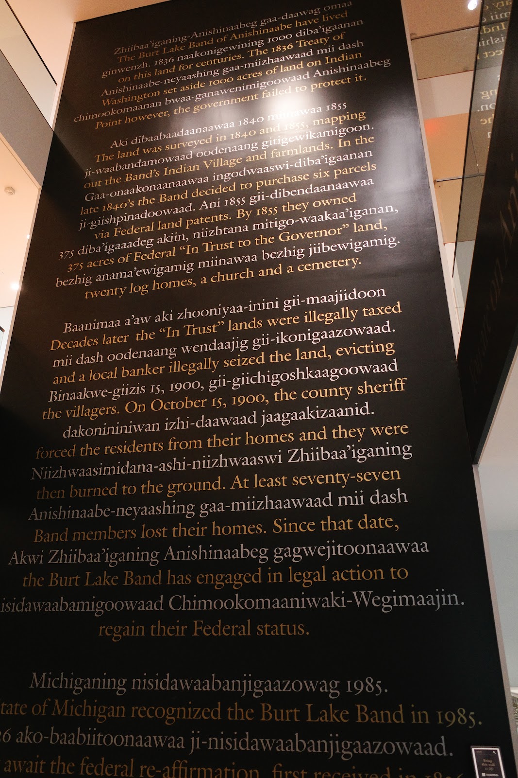 View of 40 foot wall text accompanying Future Cache exhibition, text alternating lines between English and Anishinaabe reading, “Zhiibaa'iganing-Anishinaabeg gaa-daawag omaa The Burt Lake Band of Anishinaabe have lived ginwenzh. 1836 naakonigewining 1000 diba'igaanan on this land for centuries. The 1836 Treaty of Anishinaabe-neyaashing gaa-miizhaawaad mii dash Washington set aside 1000 acres of land on Indian chimookomaanan bwaa-ganawenimigoowaad Anishinaabeg Point however, the government failed to protect it.
Aki dibaabaadaanaawaa 1840 miinawaa 1855 The land was surveyed in 1840 and 1855, mapping ji-waabandamowaad oodenaang gitigewikamigoon. out the Band's Indian Village and farmlands. In the Gaa-onaakonaanaawaa ingodwaaswi-diba'igaanan late 1840's the Band decided to purchase six parcels ji-güishpinadoowaad. Ani 1855 gii-dibendaanaawaa via Federal land patents. By 1855 they owned 375 diba'igaaadeg akiin, niizhtana mitigo-waakaa'iganan, 375 acres of Federal "In Trust to the Governor" land, bezhig anama'ewigamig miinawaa bezhig jiibewigamig. twenty log homes, a church and a cemetery. Baanimaa a’aw aki zhooniyaa-inini gii-maajiidoon Decades later the "In Trust" lands were illegally taxed mii dash oodenaang wendaajig gii-ikonigaazowaad. and a local banker illegally seized the land, evicting Binaakwe-giizis 15, 1900, gii-giichigoshkaagoowaad the villagers. On October 15, 1900, the county sheriff dakonininiwan izhi-daawaad jaagaakizaanid. forced the residents from their homes and they were Niizhwaasimidana-ashi-niizhwaaswi Zhiibaa'iganing then burned to the ground. At least seventy-seven Anishinaabe-neyaashing gaa-miizhaawaad mii dash Band members lost their homes. Since that date, Akwi Zhiibaa'iganing Anishinaabeg gagwejitoonaawaa the Burt Lake Band has engaged in legal action to isidawaabamigoowaad Chimookomaaniwaki-Wegimaajin. regain their Federal status. Michigan ing nisidawaabanjigaazowag 1985. tate of Michigan recognized the Burt Lake Band in 1985. 6 ako-baabiitoonaawaa ji-nisidawaabanjigaazowaad. await the federal re-affirmation first received in our”
