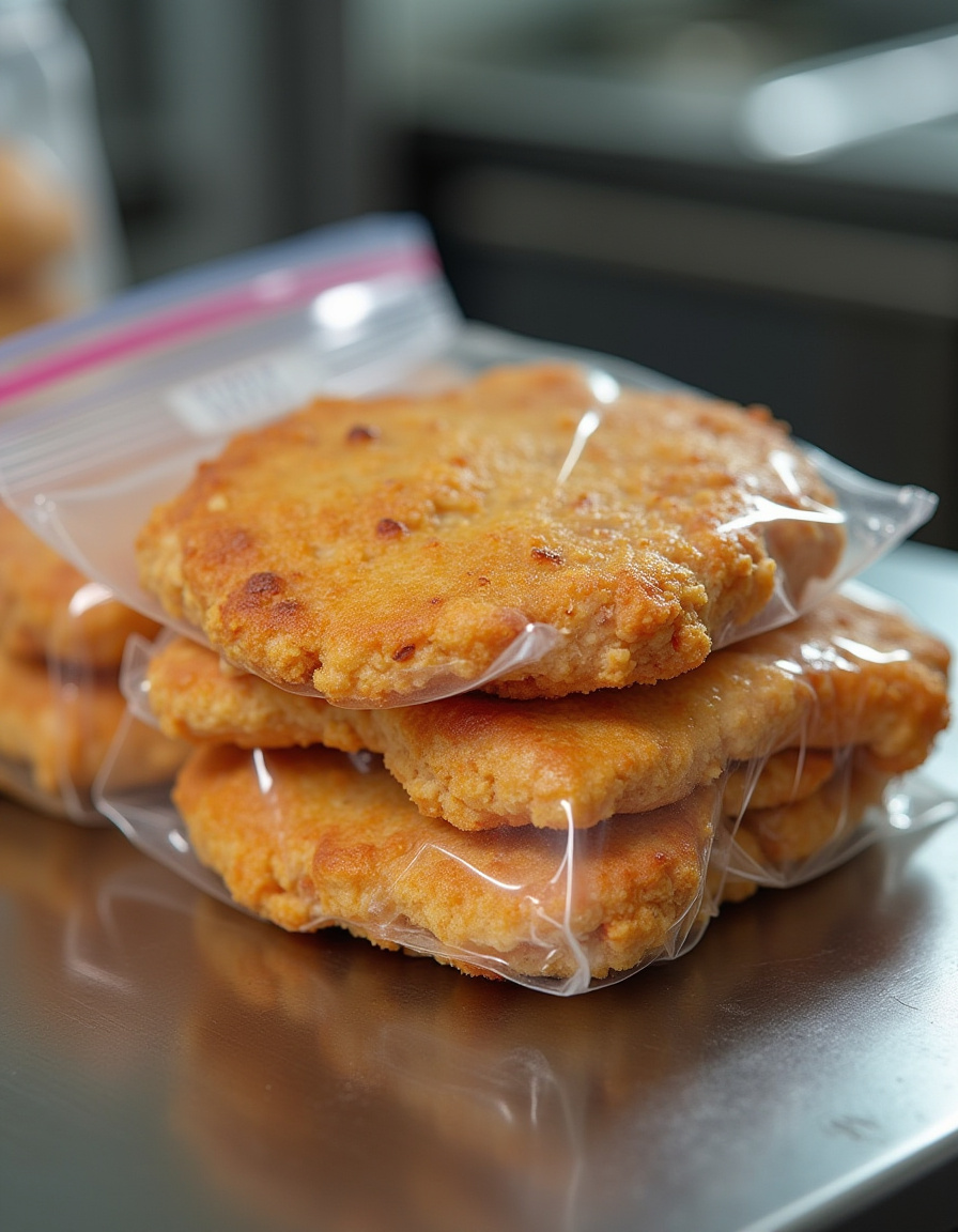 baked chicken cutlets are packed in zipper bags for storage