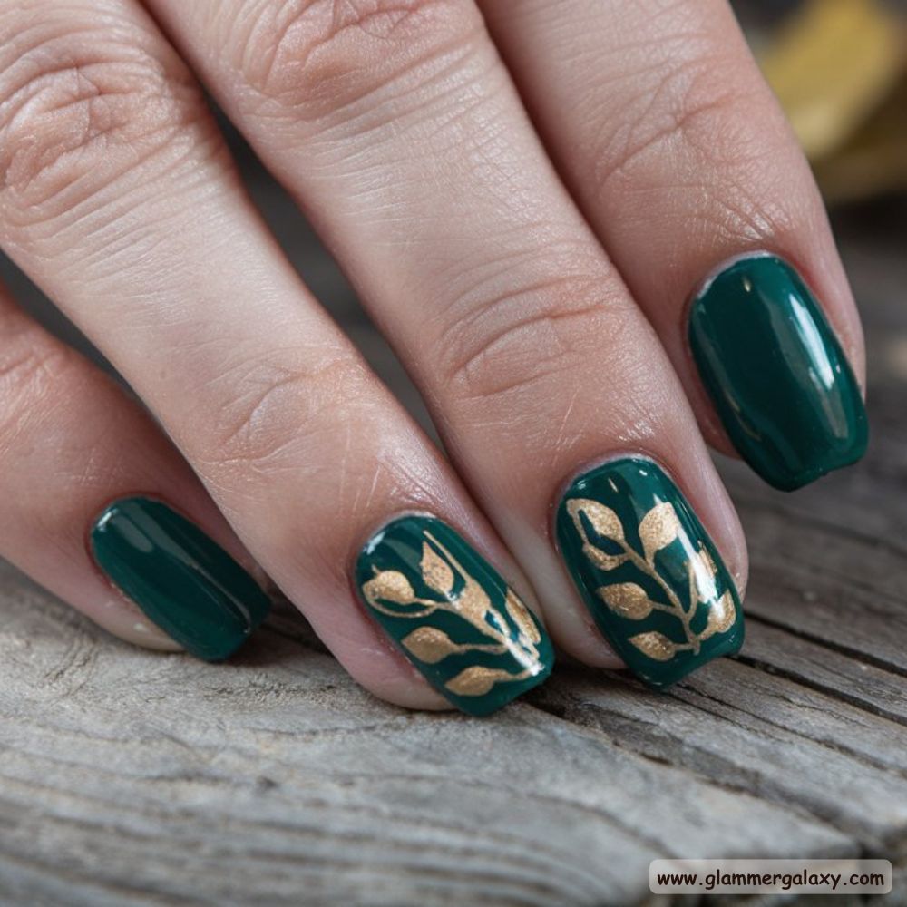 Classy Fall Nails having Green Nails with Gold Accents