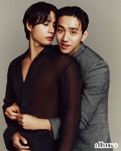 This  contain an image of Nam Yoon Su and   Park Jun Ho embracing each other in front of a gray background with the words allure written on it