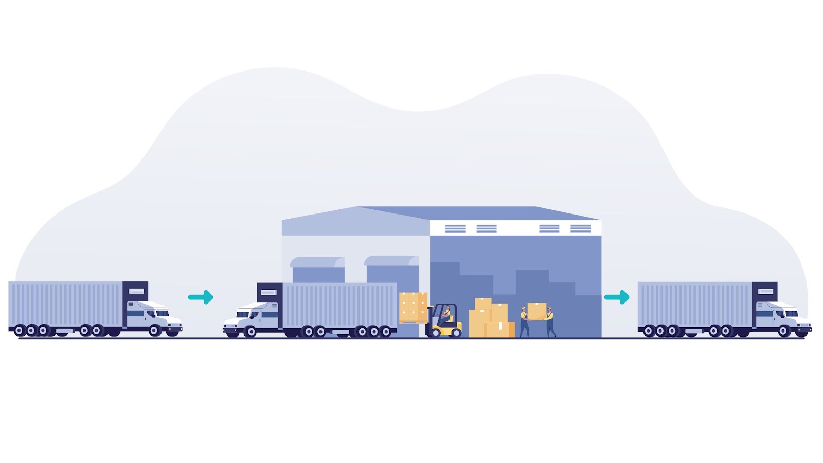 Illustration showcasing the process of a warehouse storage process with trucks loading and unloading goods.