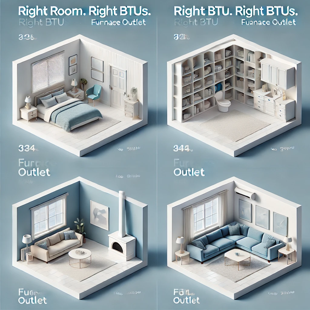 Illustration of four room sizes with corresponding BTU ranges, showing how air conditioner sizing scales.