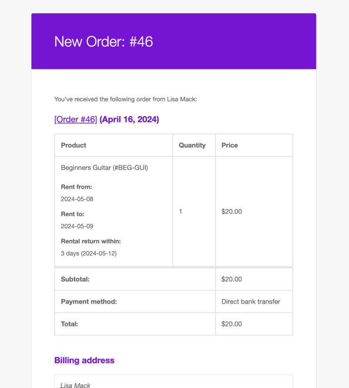 Email showing rental information