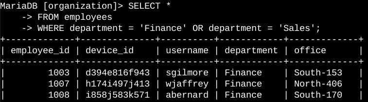 Screenshot of the command line with the SQL query for this task and its output