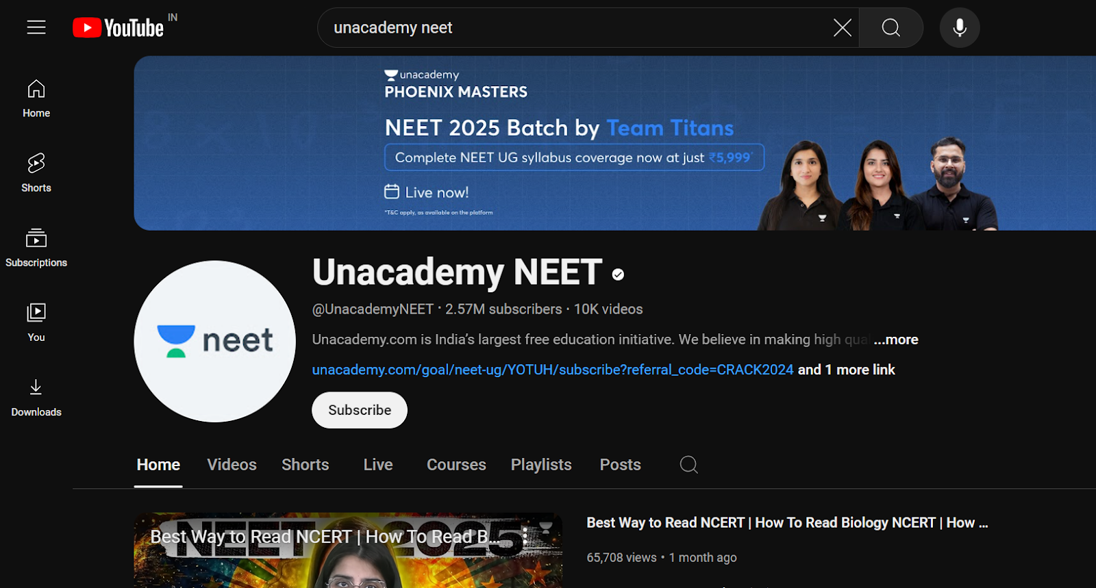 image of Unacademy NEET youtube channel