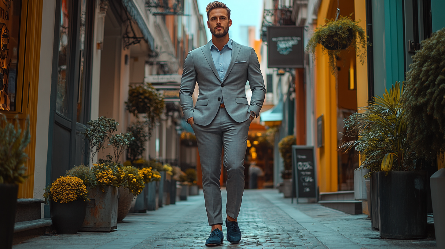 A full-body shot of man wearing grey suits with navy shoes standing confidently in a casual outing scene.