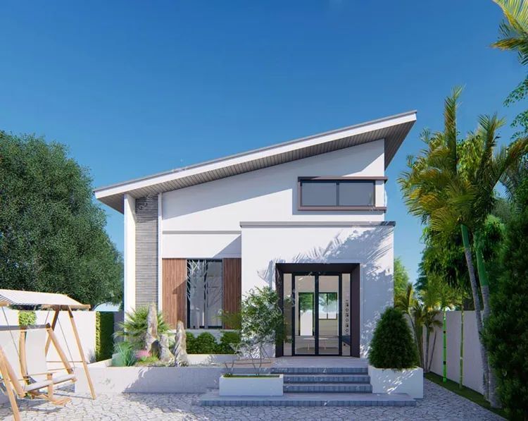 Ilustrasi rumah dengan atap skillion satu bidang miring, tampak modern dan simpel khas desain minimalis kontemporer.