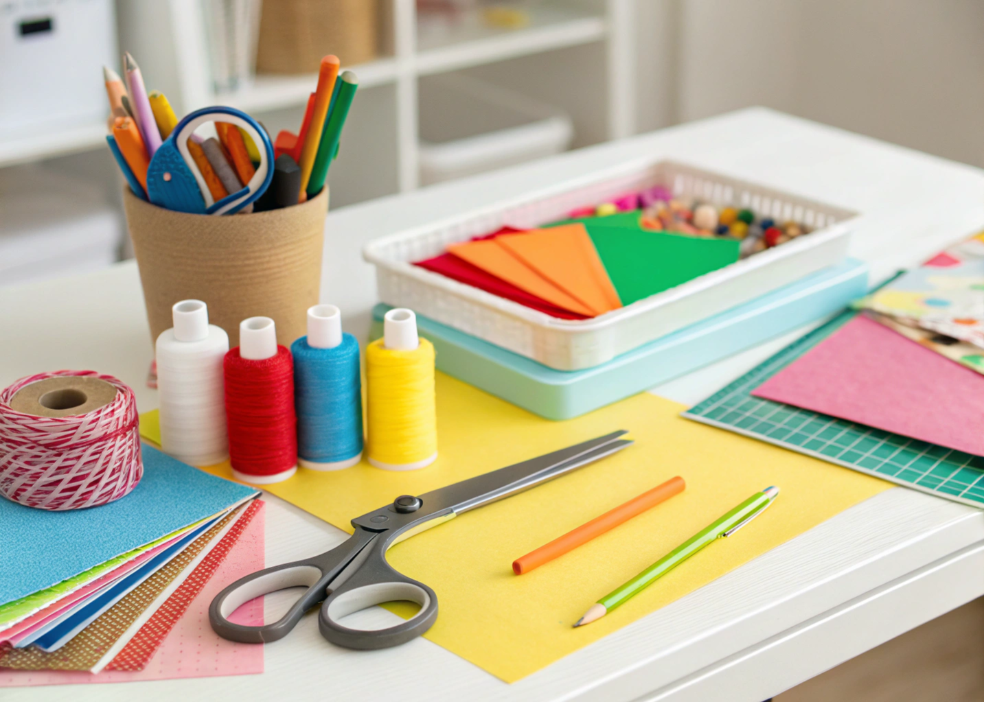 Mesa de trabalho vibrante com diversos materiais para artesanato simples