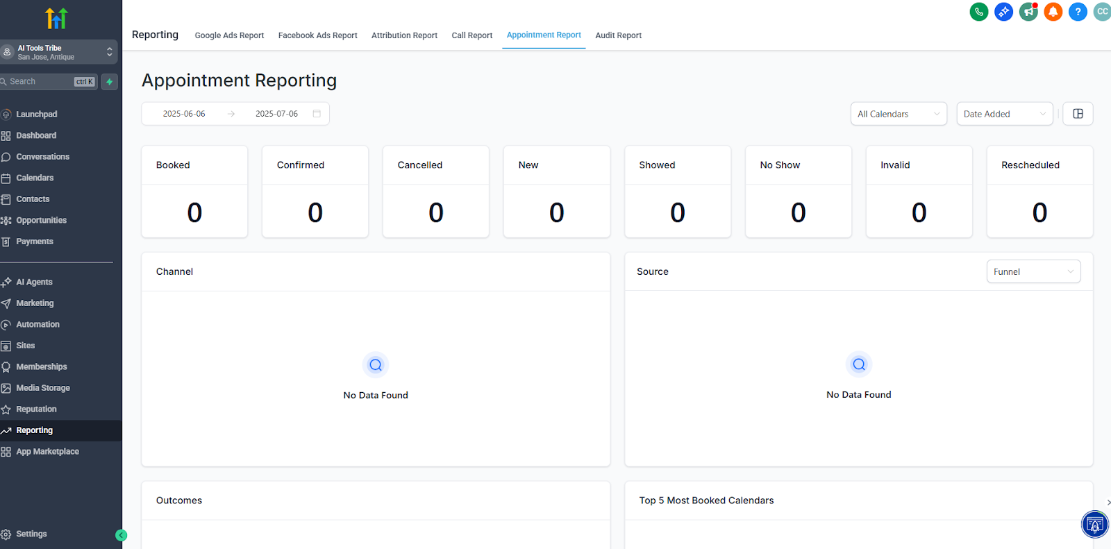GoHighLevel reporting screen showing appointment metrics such as booked, confirmed, cancelled, no-shows, and other engagement outcomes.