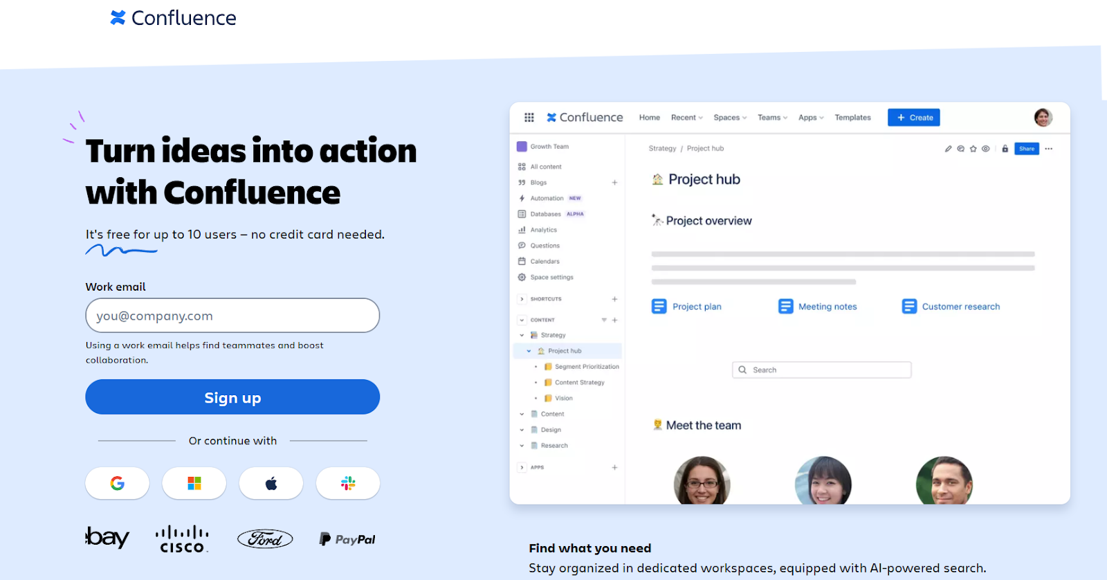 Atlassian's Confluence PPC landing page with a focused CTA in dark blue