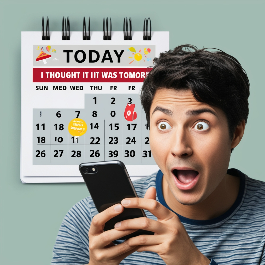 "A person with a shocked expression checking their phone, realizing they missed a birthday reminder, with a calendar showing the birthday date, illustrating the excuse 'I thought it was tomorrow' for forgetting to call you on your birthday."






