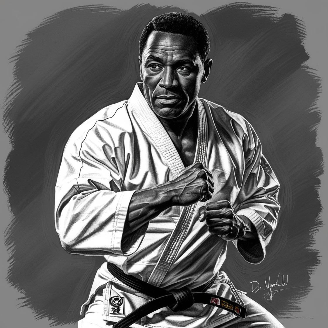 A sketch of Grandmaster Moses Powell in a martial arts stance