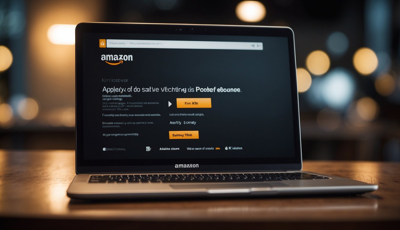 A laptop displaying the Sold By Amazon page, with a cursor clicking on the "Apply Now" button. A package with the Amazon logo sits nearby