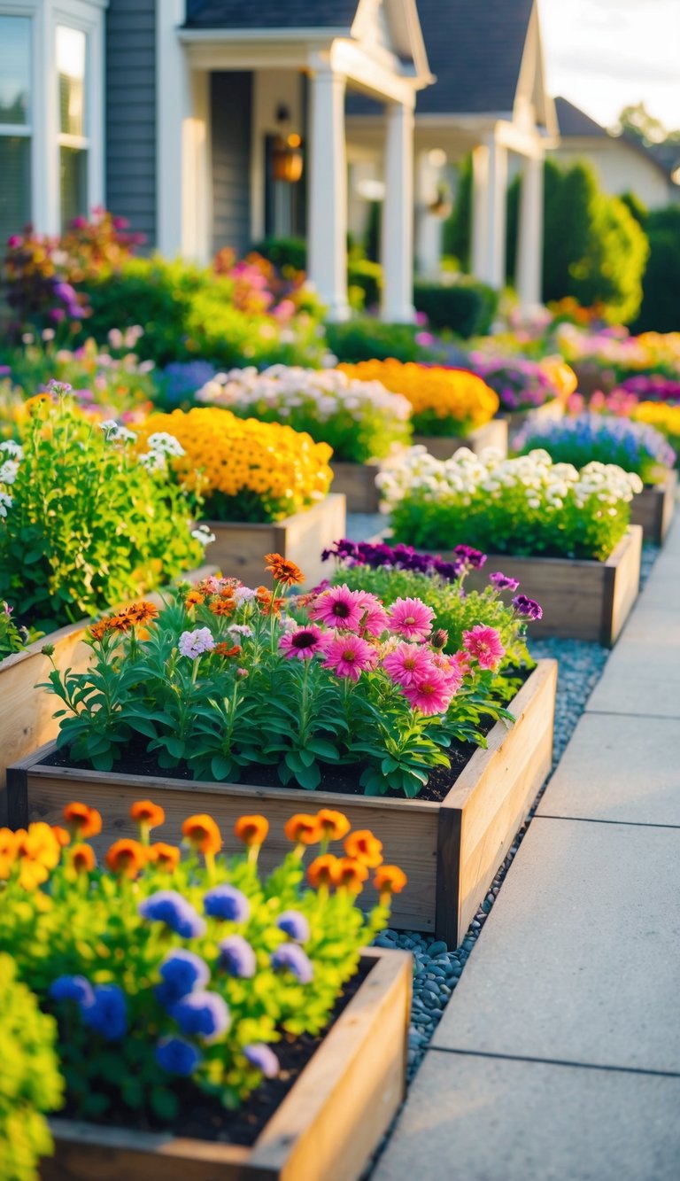 21 flower beds line the front of the house, each bursting with a variety of colorful blooms. The sun casts a warm glow over the garden, highlighting the vibrant petals and lush greenery