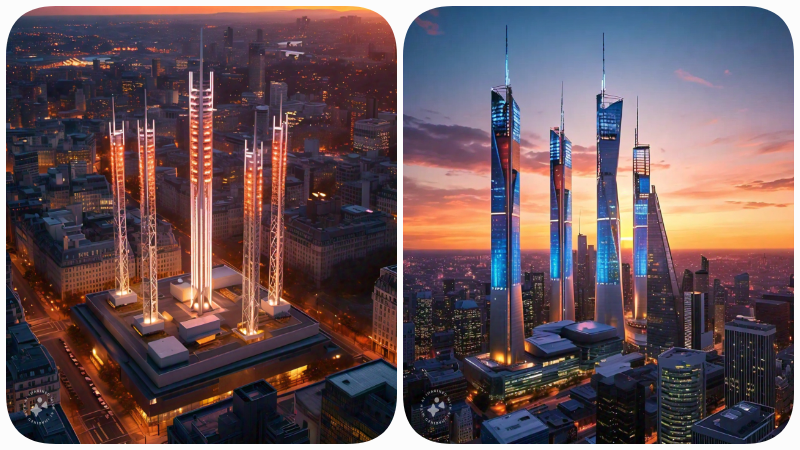 A modern city skyline with 5G network towers glowing against a twilight sky