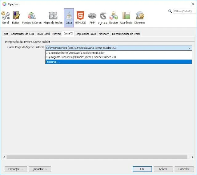 Java, JavaFX, procurar onde está o Scene Builder