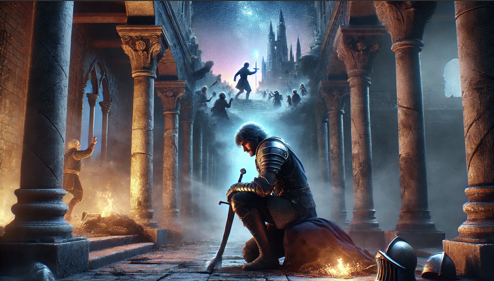 A knight kneeling with his sword in the ruins of a castle, lost in thought, while a vision of past battles and a glowing castle appears above him, symbolizing a heroic flashback.