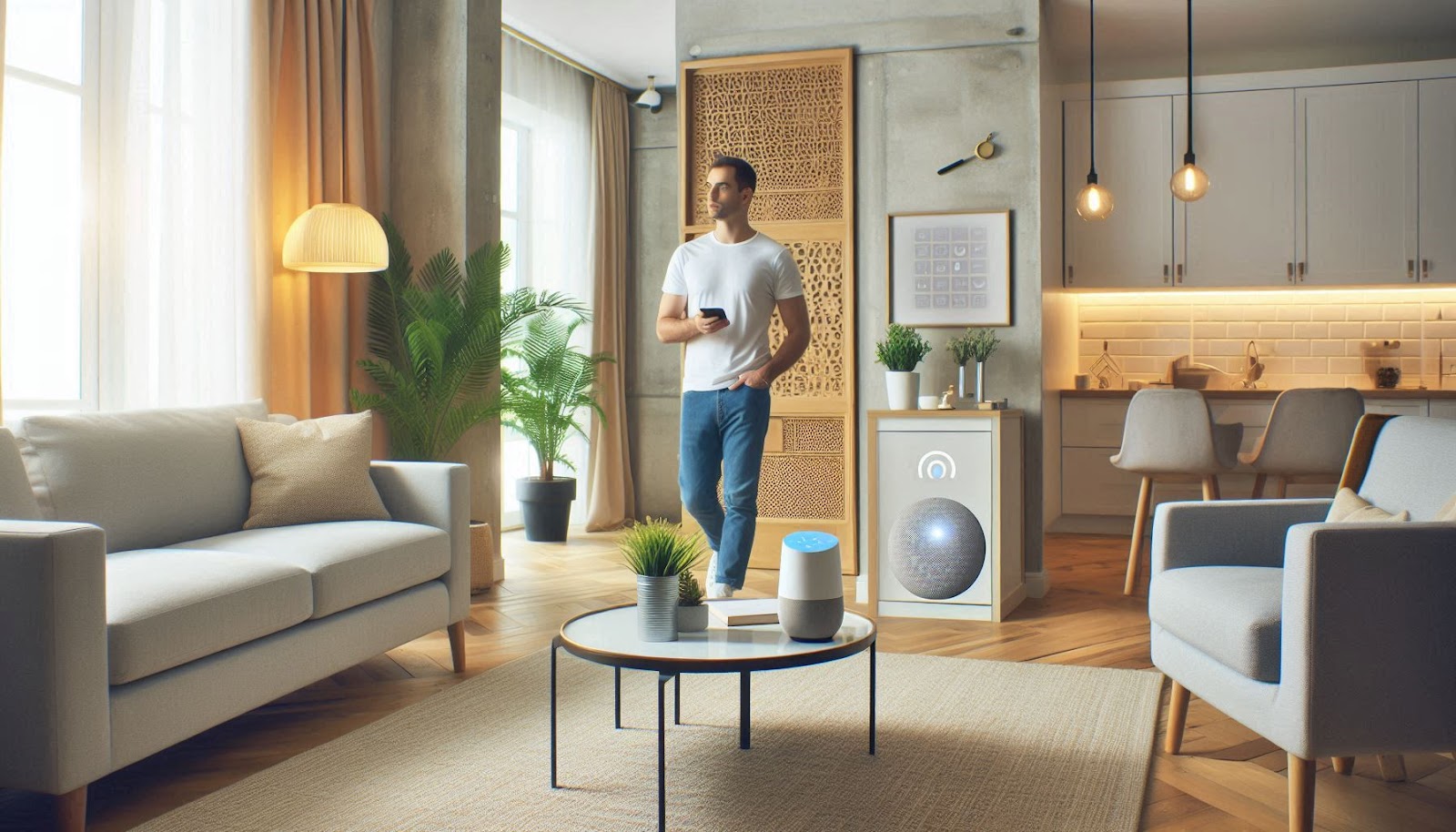 A welcoming modern home with smart devices visible, such as smart lights and a voice assistant