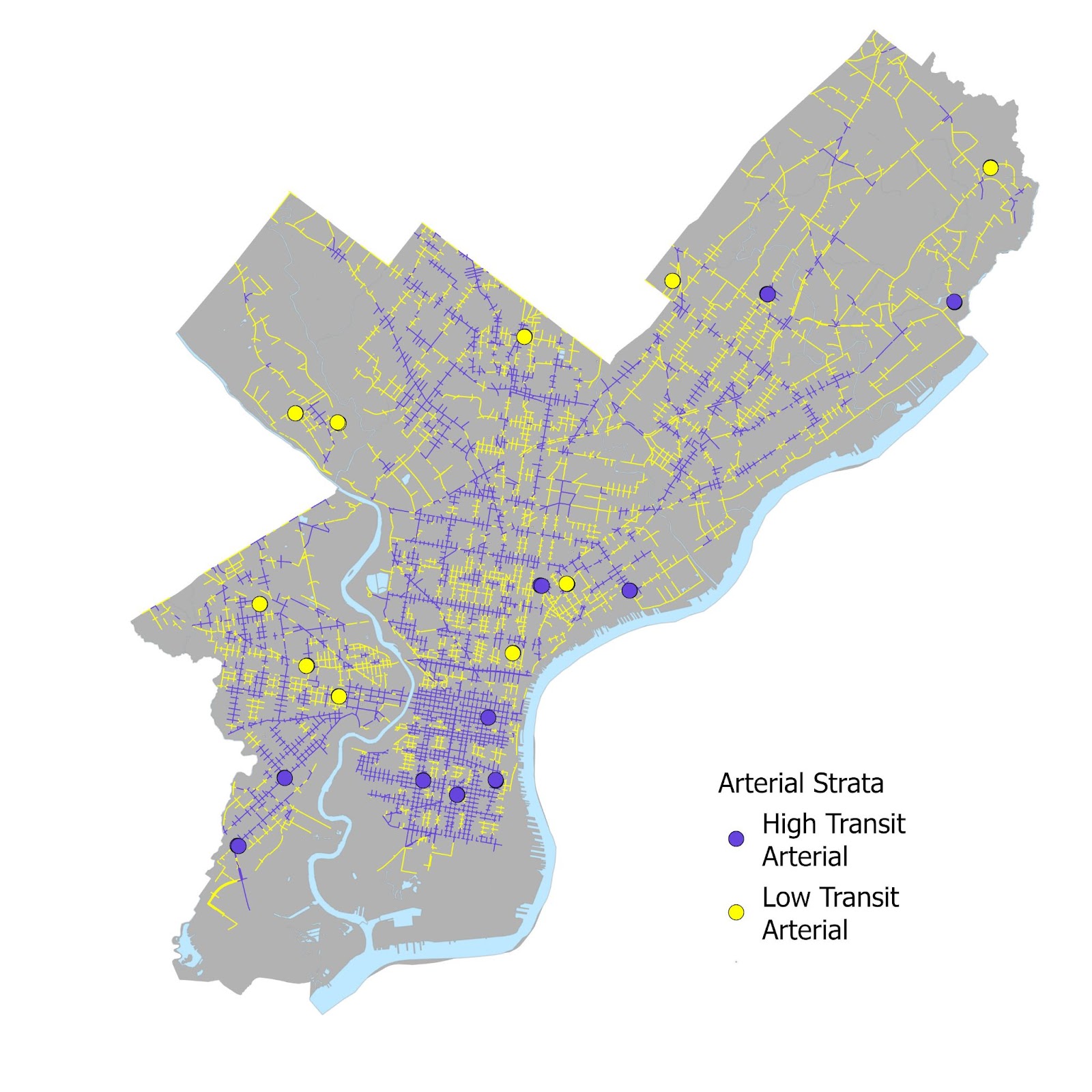 Census tract map of Philadelphia symbolized by Census Tract Strata, displaying the four different categories (LL, LH, HL, HH).