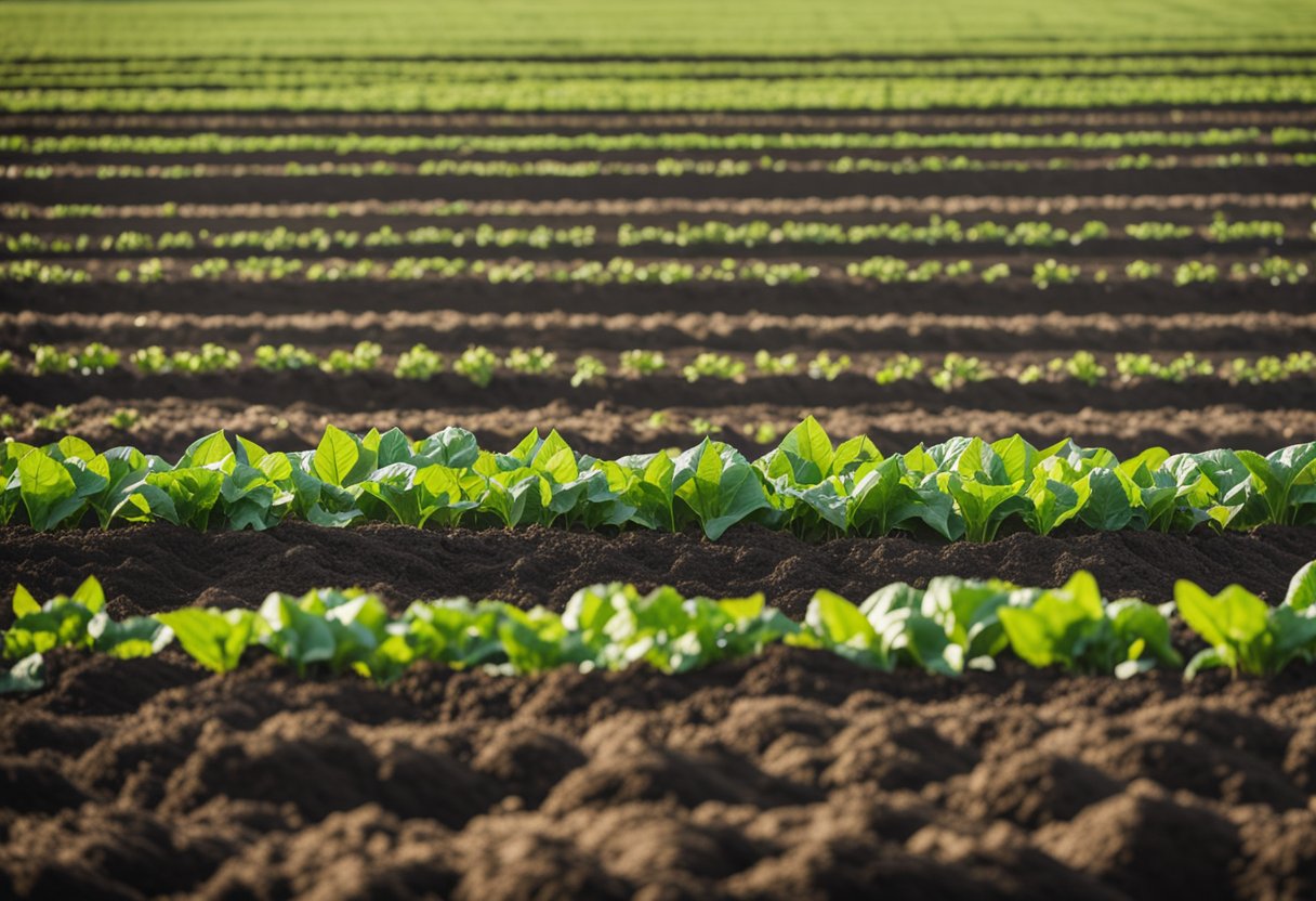 A lush, green farm field with rows of vibrant crops surrounded by bags of natural fertilizers made from compost and animal manure