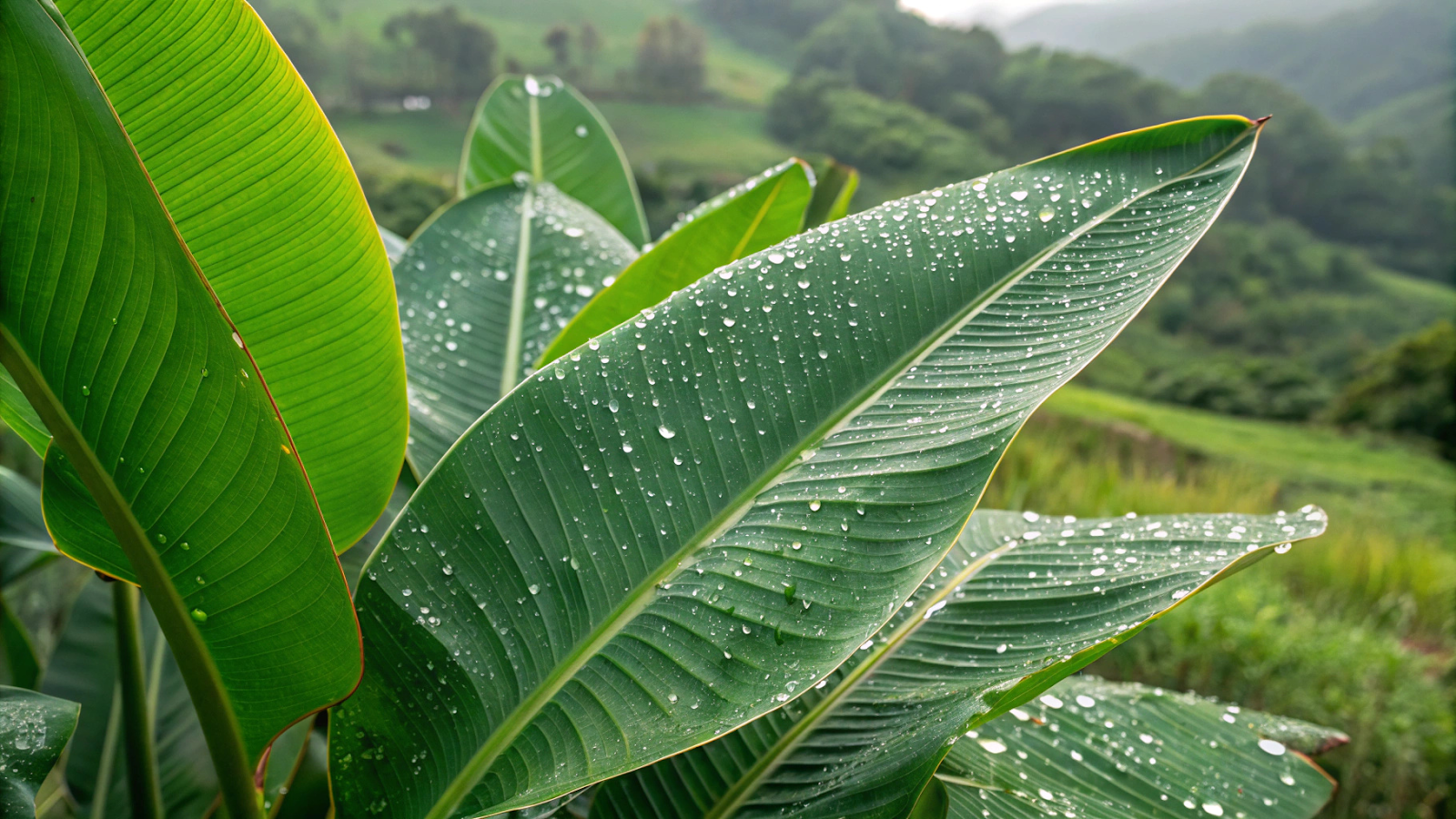 Folhas grandes e verdes da Strelitzia Augusta com gotas de orvalho