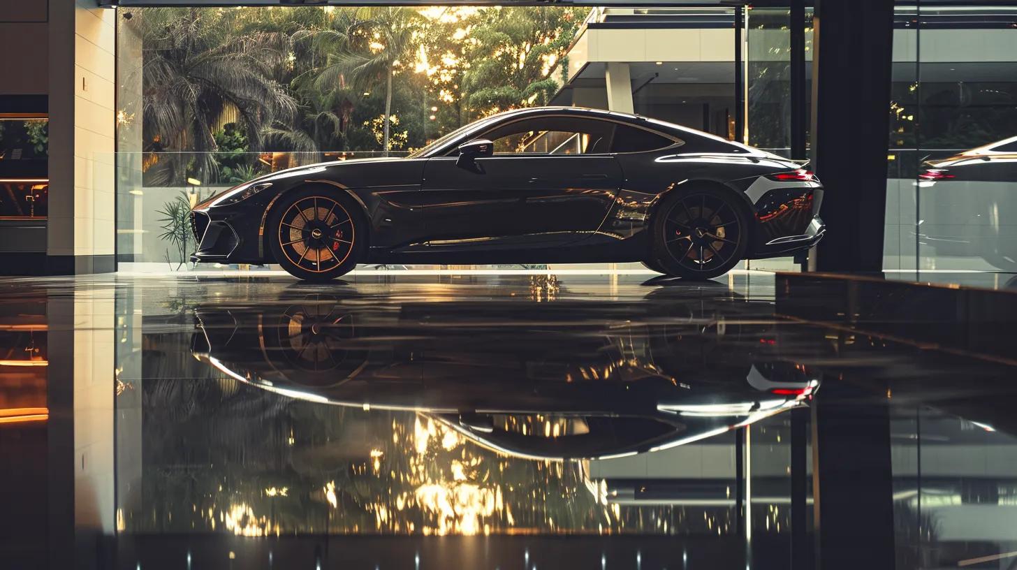 a sleek, high-end car gleams under bright showroom lights in balgowlah, showcasing its flawless, reflective paint protected by a transparent film, surrounded by a modern urban backdrop.