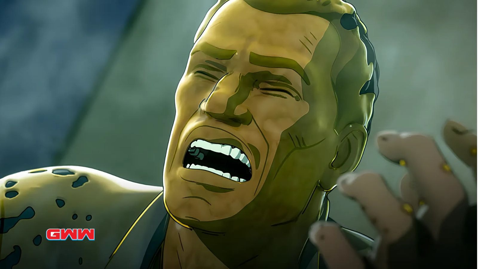 Intense scene of animated character in pain from Watchmen, voice cast includes Troy Baker