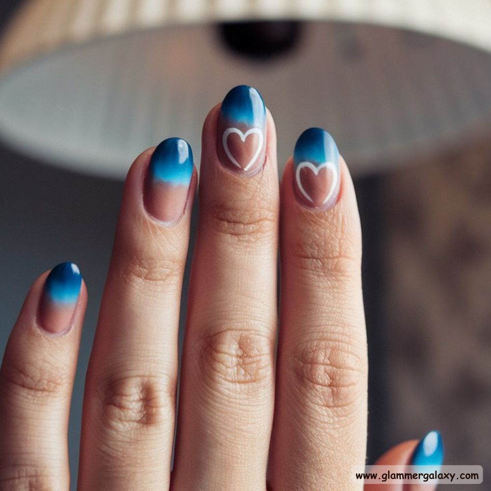 Blue and Brown Nails with Romantic Heart Accents