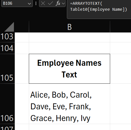 dynamic arrays in Excel - array to text function