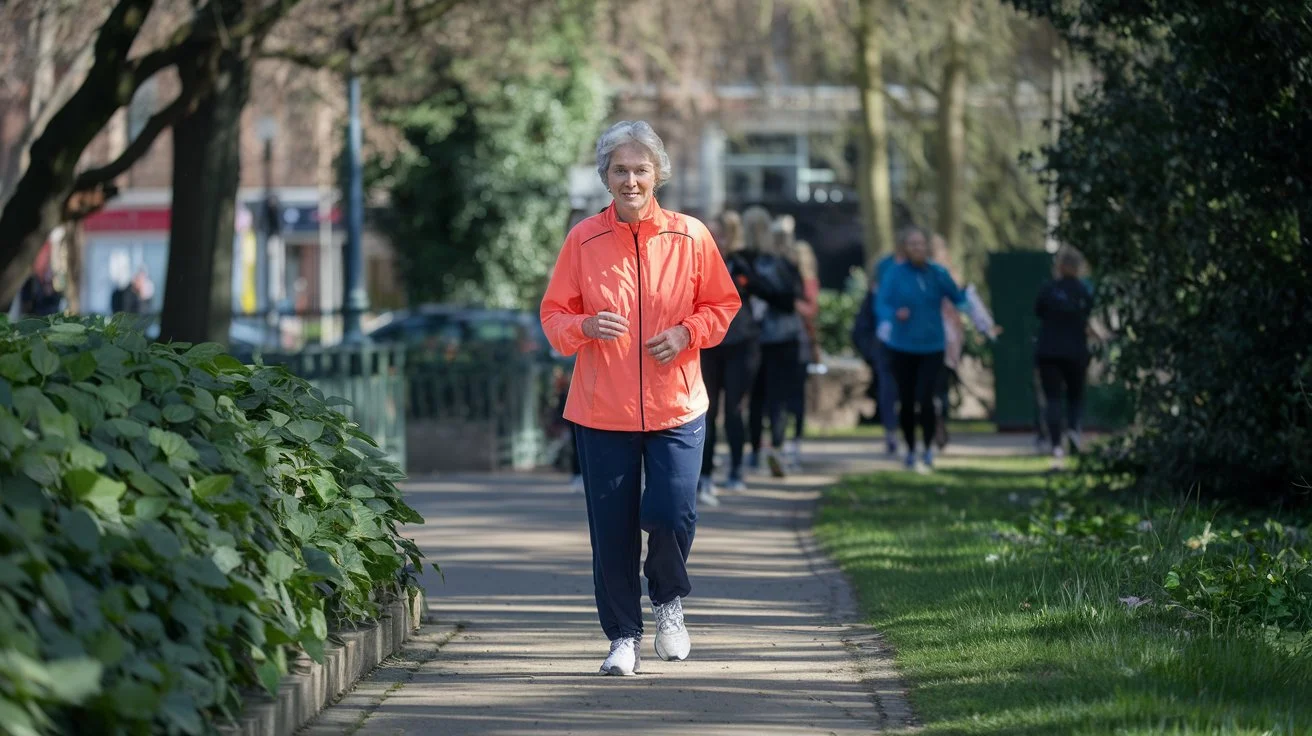 An older adult participating in a weight-bearing exercise like walking or light jogging.