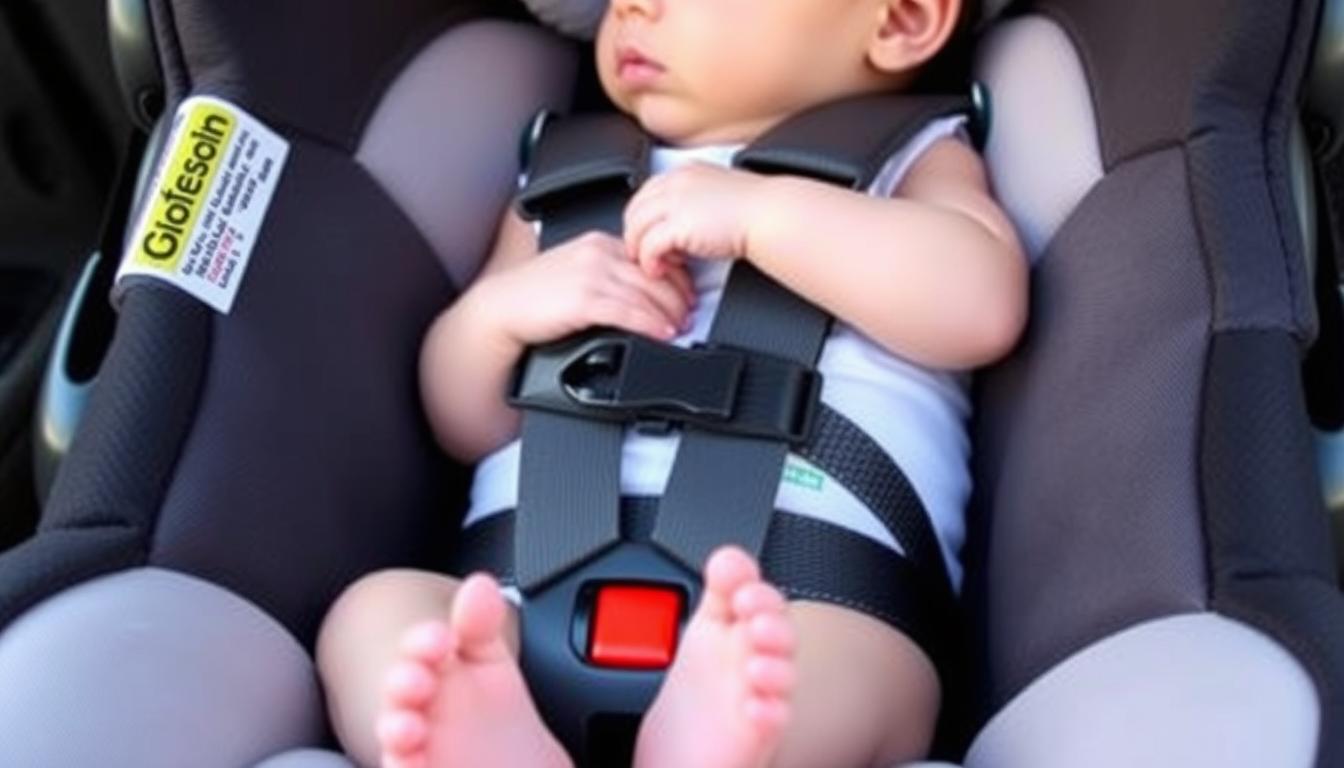 Infant in a properly fitted rear-facing car seat