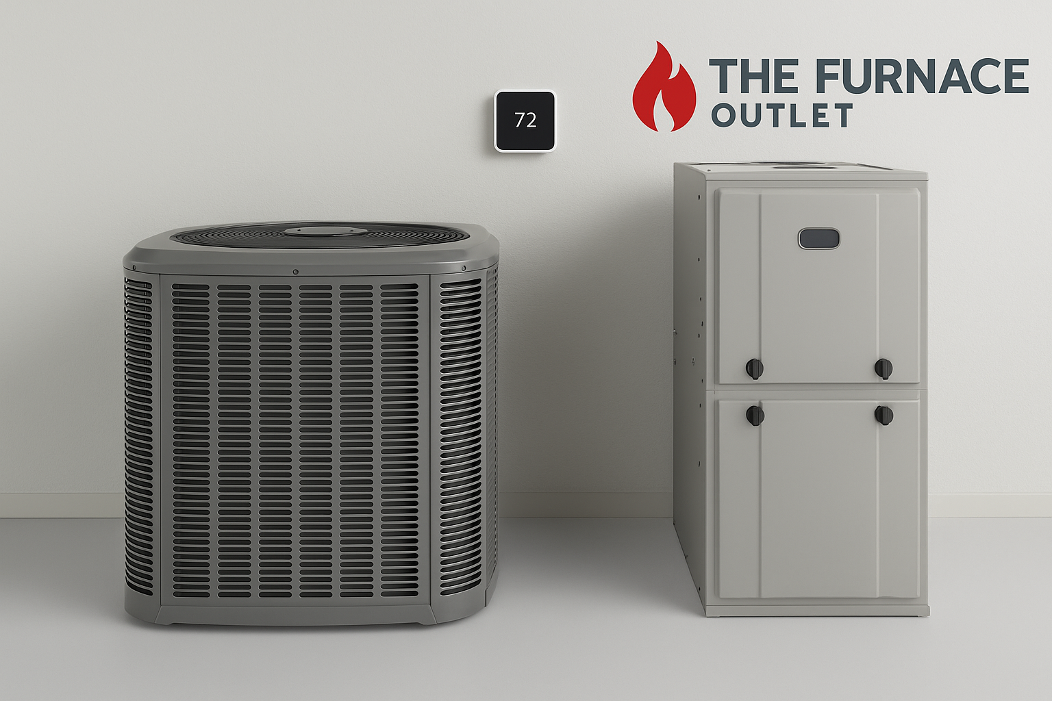 A high-resolution digital photograph showcases three HVAC products: a central air conditioner, a smart thermostat set to 72°F, and a high-efficiency furnace, with The Furnace Outlet logo displayed on the wall.